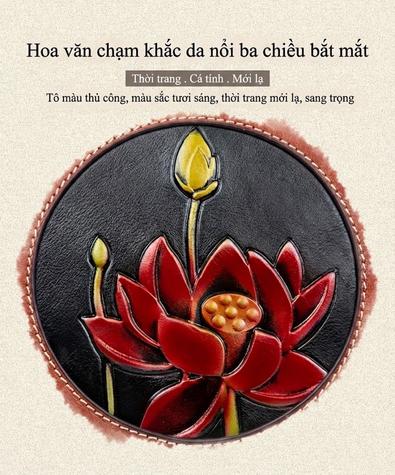 Túi Xách Nữ Da Thật Thủ Công Khắc Hoa Văn Cổ Điển Túi Đeo Vai Túi Xách Tay Màu Đen, Nâu Đỏ chi tiết 2