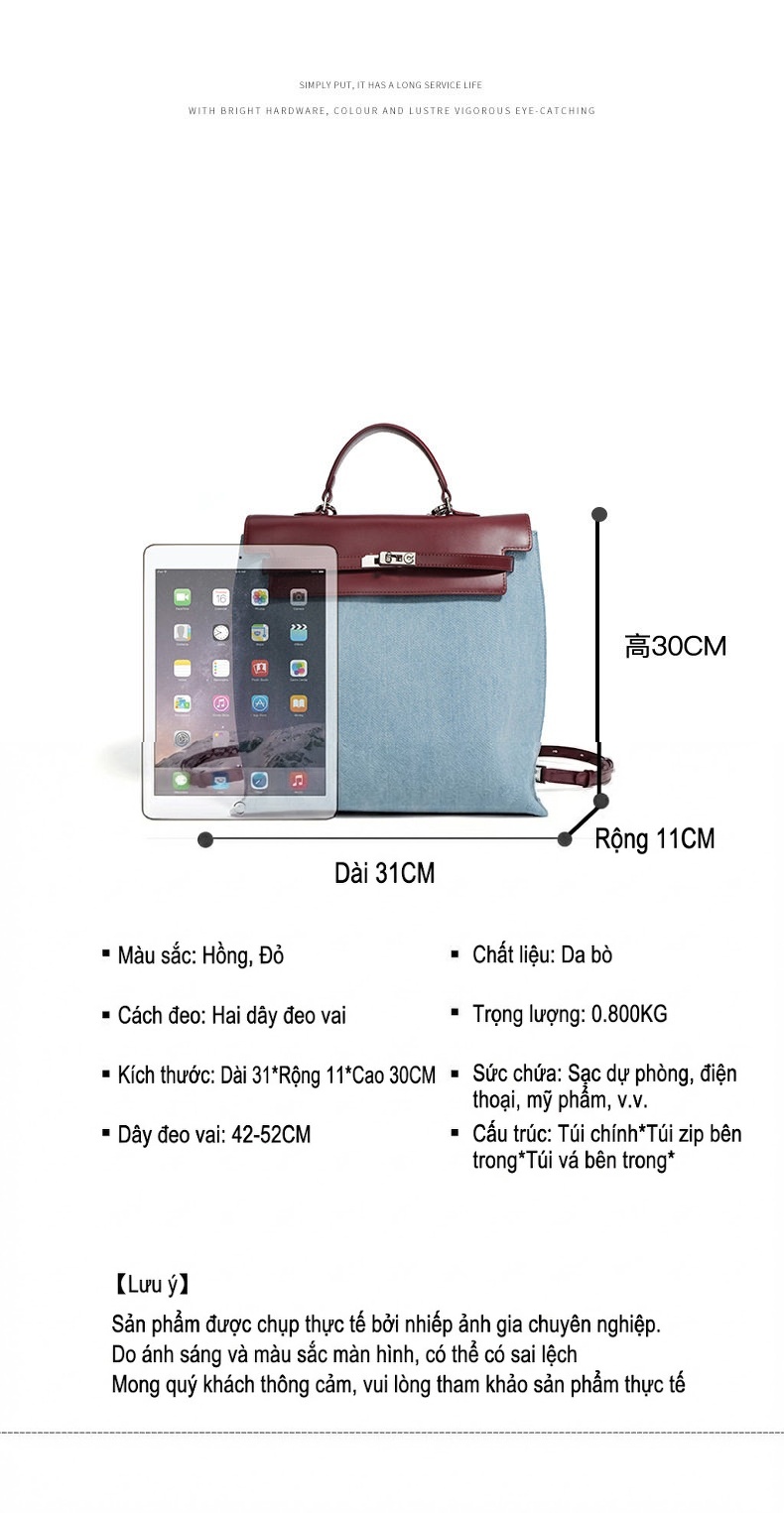 Túi Xách Nữ Da Thật Thủ Công Sức Chứa Lớn Đeo Vai, Đeo Chéo, Xách Tay Màu Xanh Dương, Đỏ Rượu chi tiết 5