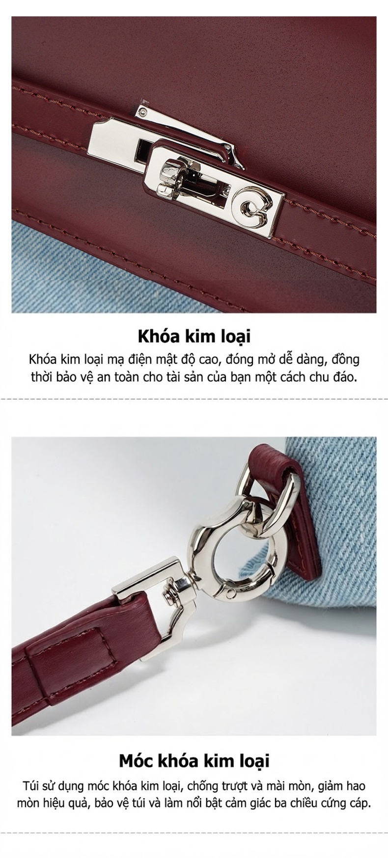 Túi Xách Nữ Da Thật Thủ Công Sức Chứa Lớn Đeo Vai, Đeo Chéo, Xách Tay Màu Xanh Dương, Đỏ Rượu chi tiết 9
