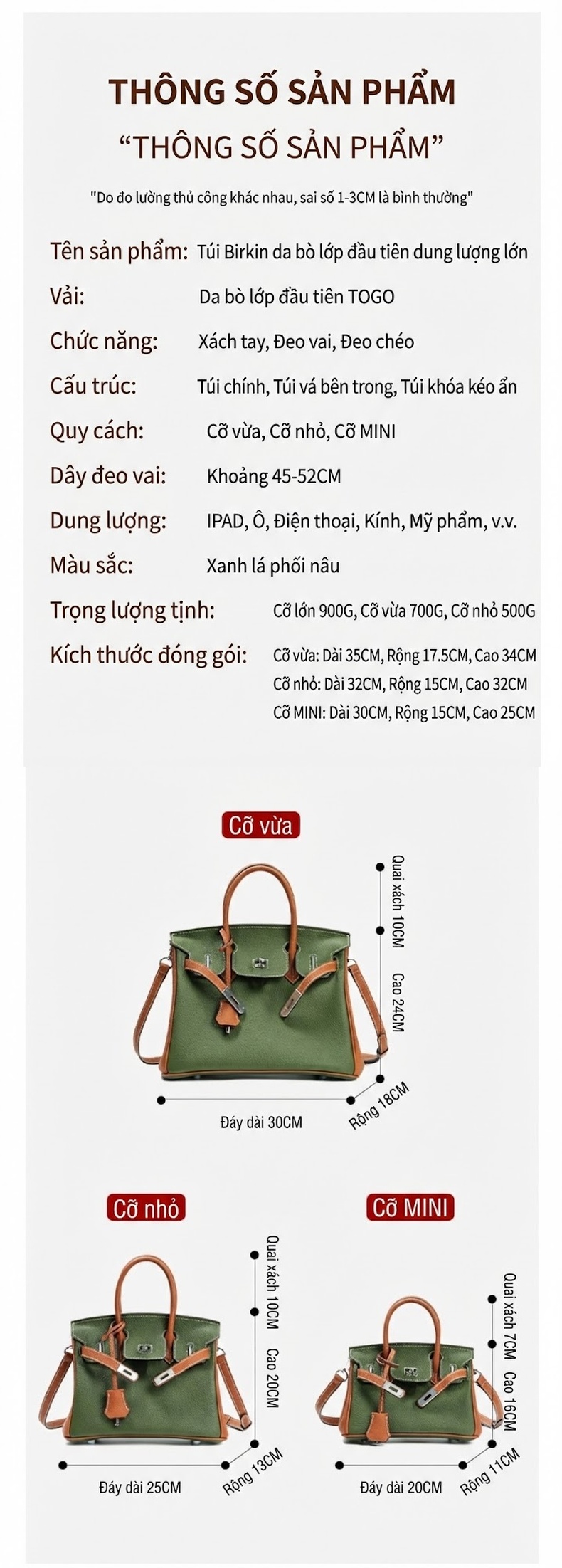 Túi Xách Nữ Da Thật Togo 30 Lớn Đeo Vai Đa Năng Phong Cách Tiểu Thư Màu Xanh Olive, Nâu chi tiết 5