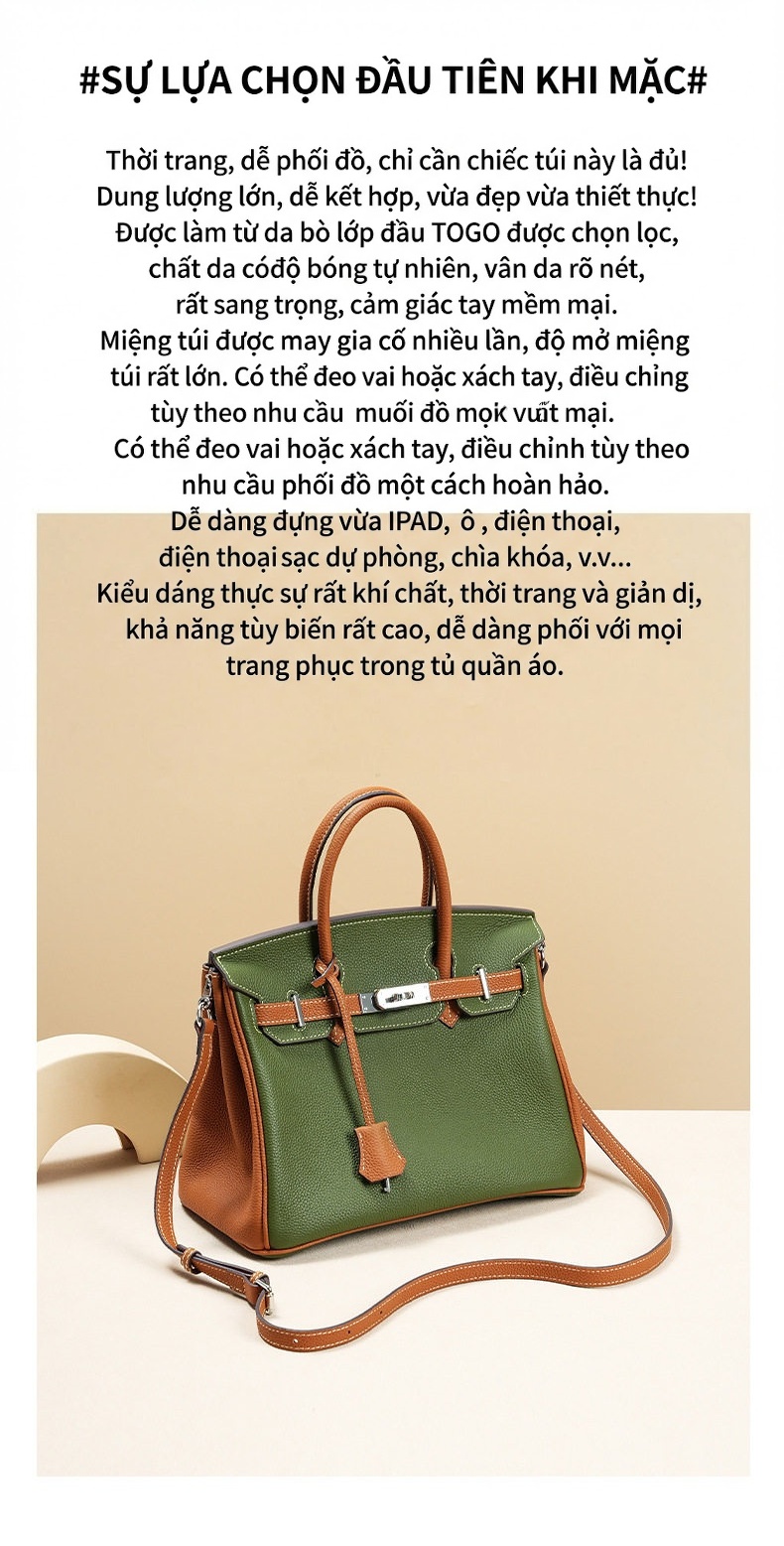 Túi Xách Nữ Da Thật Togo 30 Lớn Đeo Vai Đa Năng Phong Cách Tiểu Thư Màu Xanh Olive, Nâu chi tiết 8