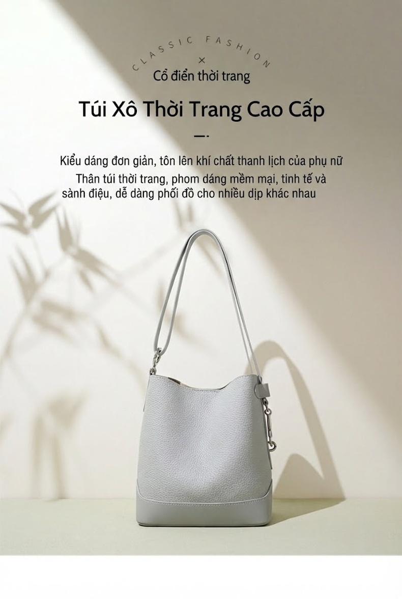 Túi Xách Nữ Da Thật Vân Lít Chi Bucket Đeo Vai, Đeo Chéo Cao Cấp Màu Trắng, Đen, Xám, Tím chi tiết 1