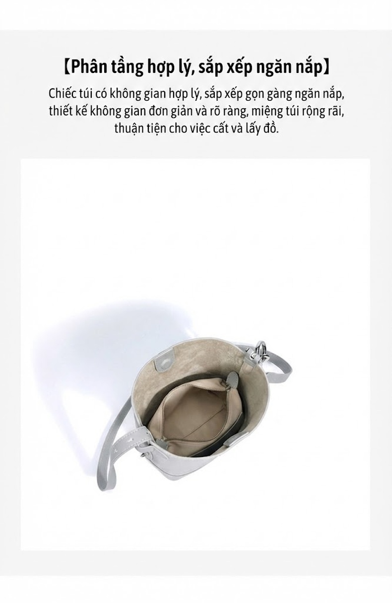 Túi Xách Nữ Da Thật Vân Lít Chi Bucket Đeo Vai, Đeo Chéo Cao Cấp Màu Trắng, Đen, Xám, Tím chi tiết 8