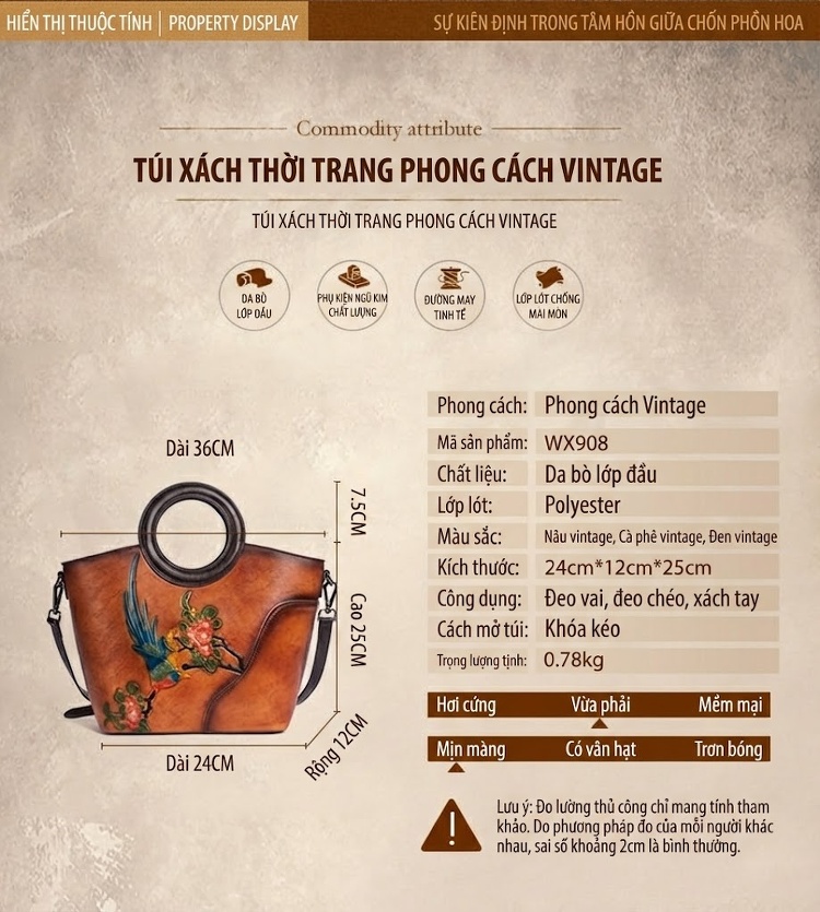 Túi Xách Nữ Da Thật Vintage Dáng Bucket Quai Xách Tay In Hoa Họa Tiết Đeo Vai Màu Nâu, Xanh Navy chi tiết 1