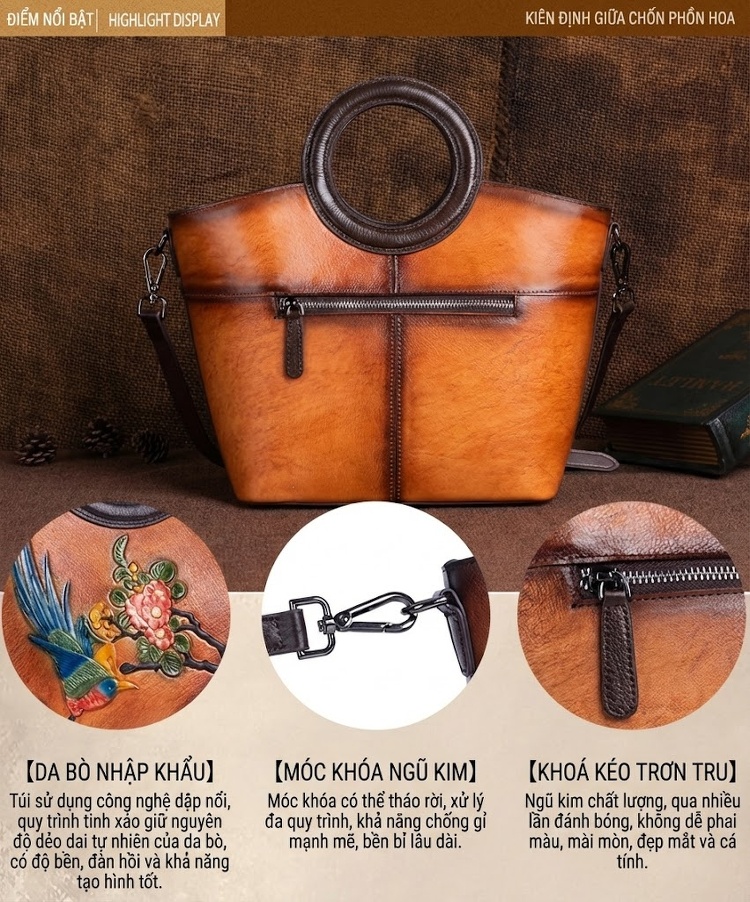 Túi Xách Nữ Da Thật Vintage Dáng Bucket Quai Xách Tay In Hoa Họa Tiết Đeo Vai Màu Nâu, Xanh Navy chi tiết 2