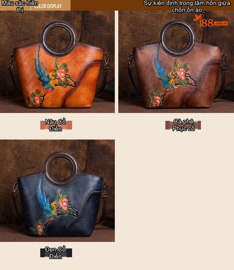 Túi Xách Nữ Da Thật Vintage Dáng Bucket Quai Xách Tay In Hoa Họa Tiết Đeo Vai Màu Nâu, Xanh Navy chi tiết 3