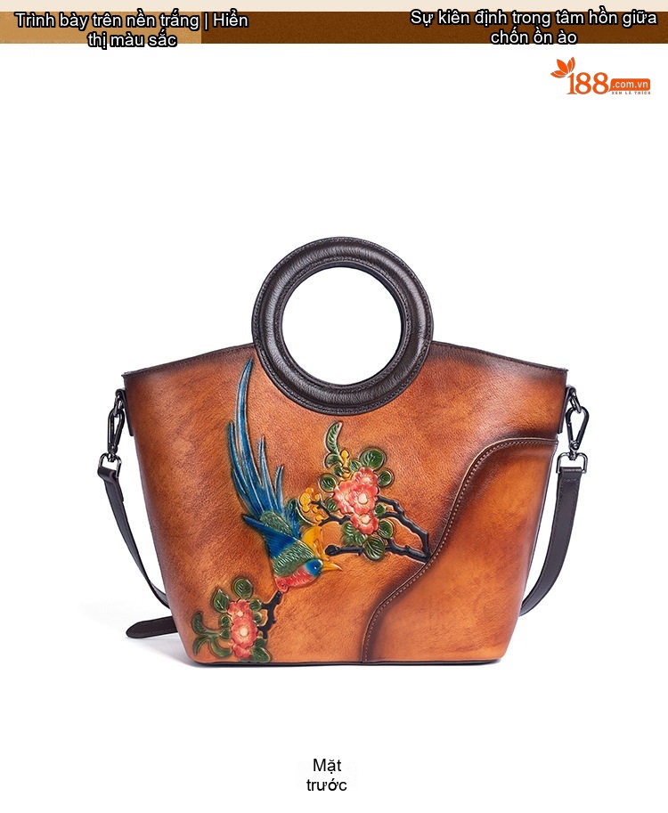 Túi Xách Nữ Da Thật Vintage Dáng Bucket Quai Xách Tay In Hoa Họa Tiết Đeo Vai Màu Nâu, Xanh Navy chi tiết 4