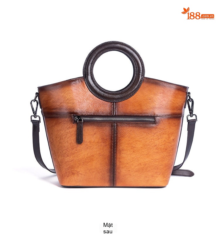 Túi Xách Nữ Da Thật Vintage Dáng Bucket Quai Xách Tay In Hoa Họa Tiết Đeo Vai Màu Nâu, Xanh Navy chi tiết 5