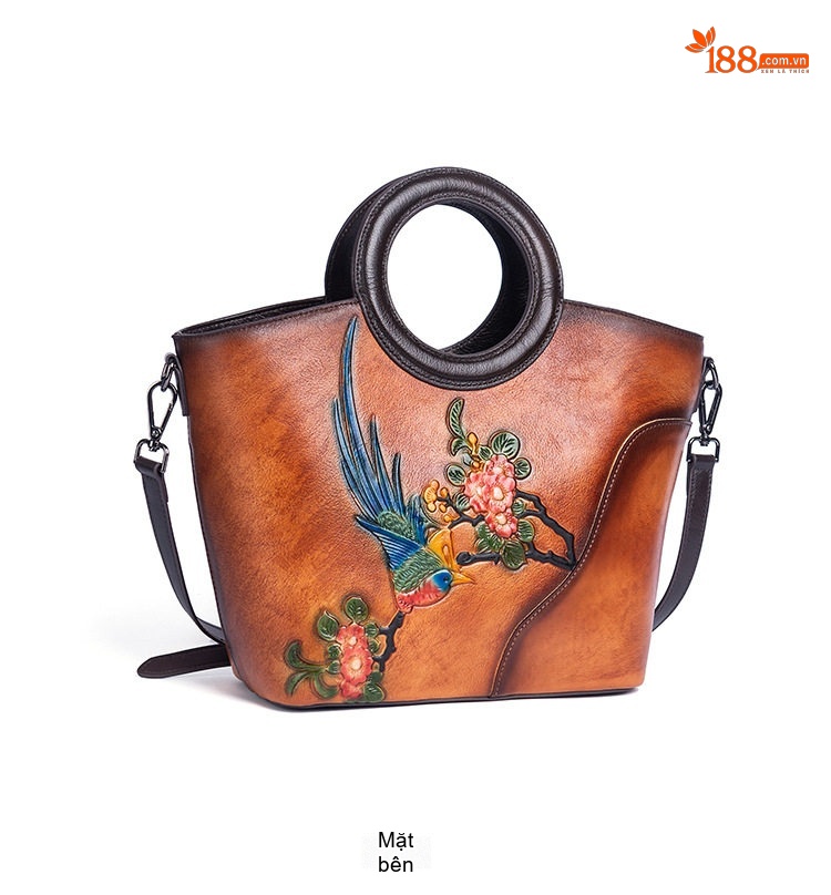 Túi Xách Nữ Da Thật Vintage Dáng Bucket Quai Xách Tay In Hoa Họa Tiết Đeo Vai Màu Nâu, Xanh Navy chi tiết 6