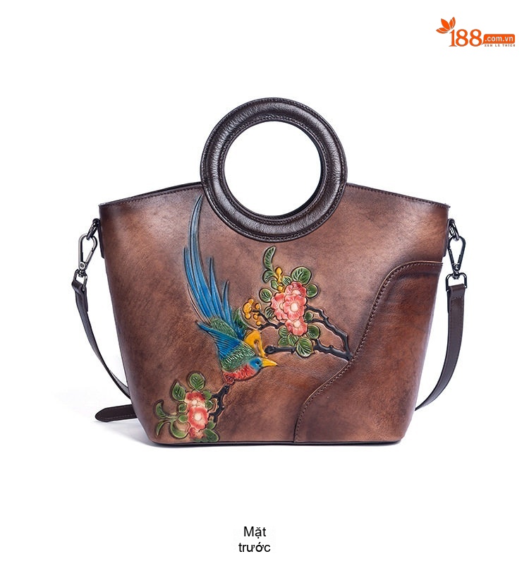 Túi Xách Nữ Da Thật Vintage Dáng Bucket Quai Xách Tay In Hoa Họa Tiết Đeo Vai Màu Nâu, Xanh Navy chi tiết 8