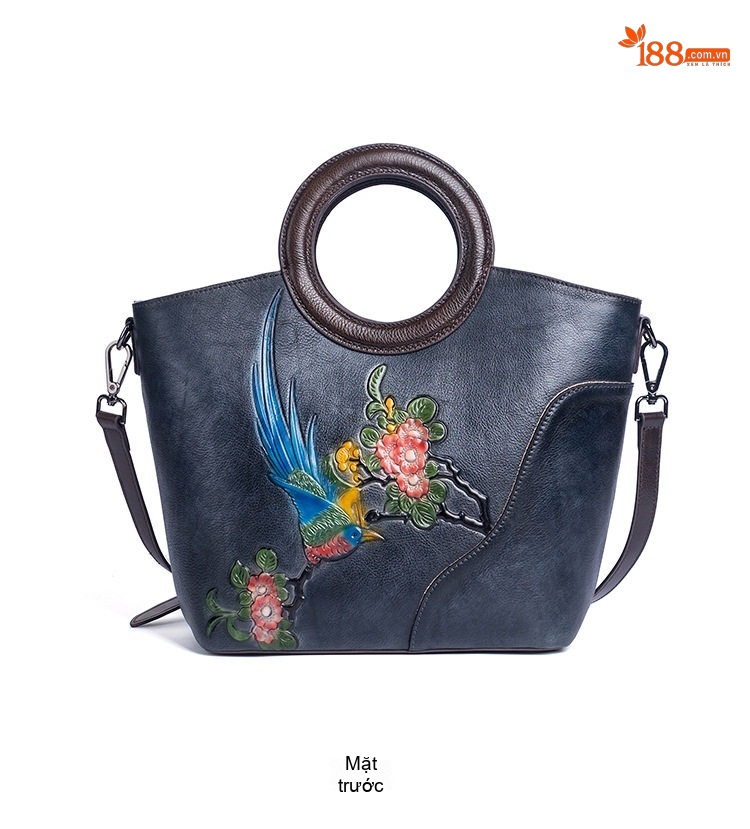 Túi Xách Nữ Da Thật Vintage Dáng Bucket Quai Xách Tay In Hoa Họa Tiết Đeo Vai Màu Nâu, Xanh Navy chi tiết 10