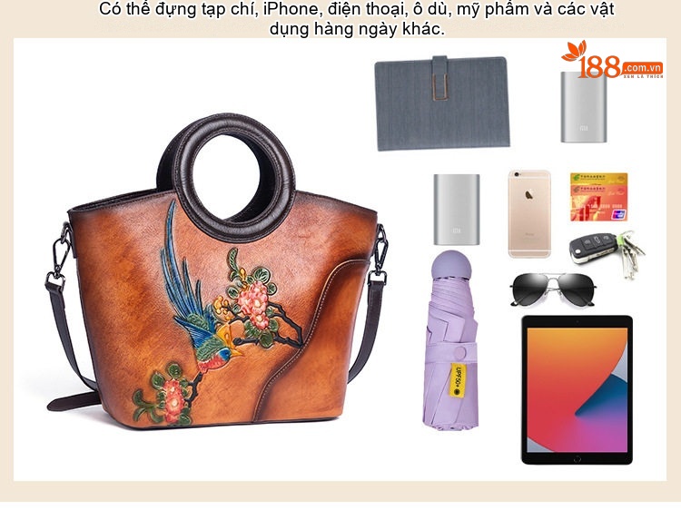 Túi Xách Nữ Da Thật Vintage Dáng Bucket Quai Xách Tay In Hoa Họa Tiết Đeo Vai Màu Nâu, Xanh Navy chi tiết 13