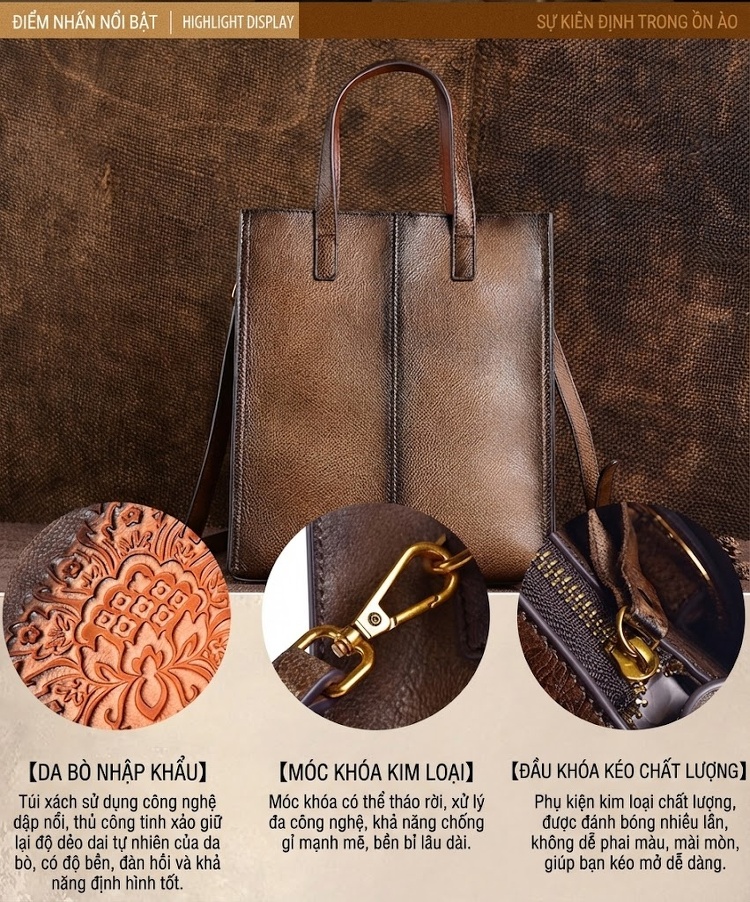 Túi Xách Nữ Da Thật Vintage Dập Nổi Thủ Công Đeo Vai, Xách Tay, Túi Bucket Màu Xanh Lá, Vàng, Nâu, Đen chi tiết 21
