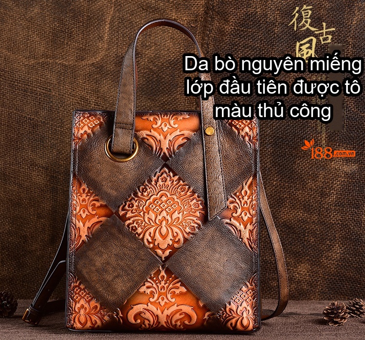 Túi Xách Nữ Da Thật Vintage Dập Nổi Thủ Công Đeo Vai, Xách Tay, Túi Bucket Màu Xanh Lá, Vàng, Nâu, Đen chi tiết 1