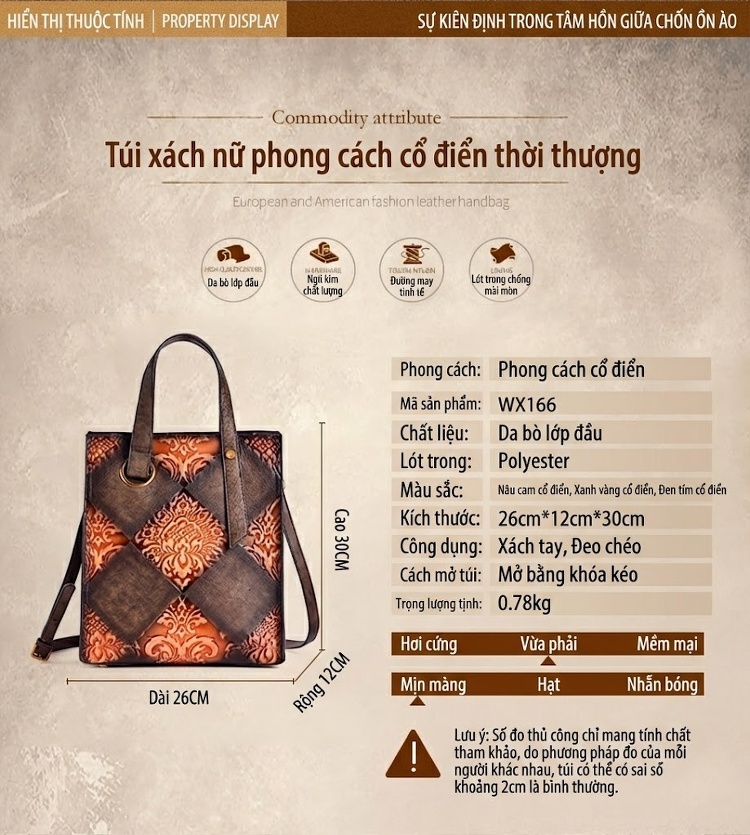Túi Xách Nữ Da Thật Vintage Dập Nổi Thủ Công Đeo Vai, Xách Tay, Túi Bucket Màu Xanh Lá, Vàng, Nâu, Đen chi tiết 2