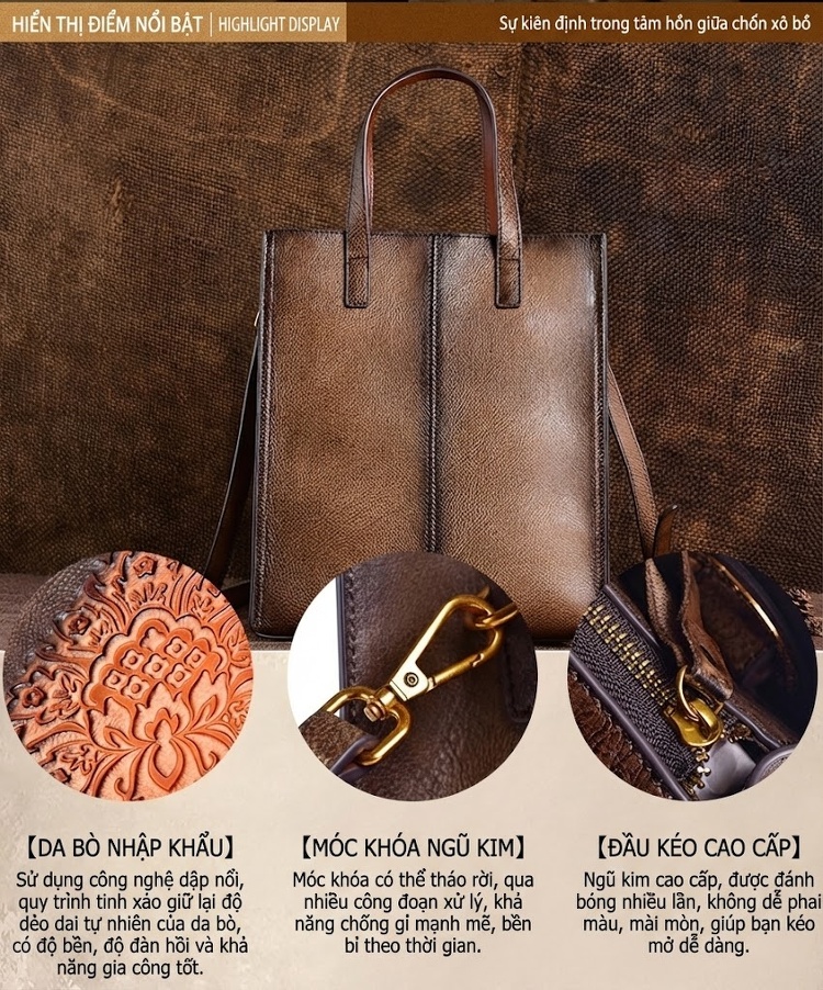 Túi Xách Nữ Da Thật Vintage Dập Nổi Thủ Công Đeo Vai, Xách Tay, Túi Bucket Màu Xanh Lá, Vàng, Nâu, Đen chi tiết 3