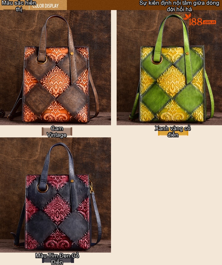 Túi Xách Nữ Da Thật Vintage Dập Nổi Thủ Công Đeo Vai, Xách Tay, Túi Bucket Màu Xanh Lá, Vàng, Nâu, Đen chi tiết 4