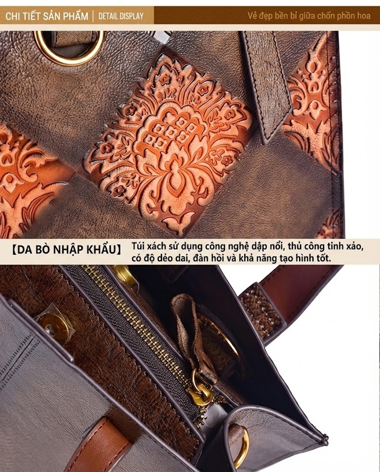 Túi Xách Nữ Da Thật Vintage Dập Nổi Thủ Công Đeo Vai, Xách Tay, Túi Bucket Màu Xanh Lá, Vàng, Nâu, Đen chi tiết 14