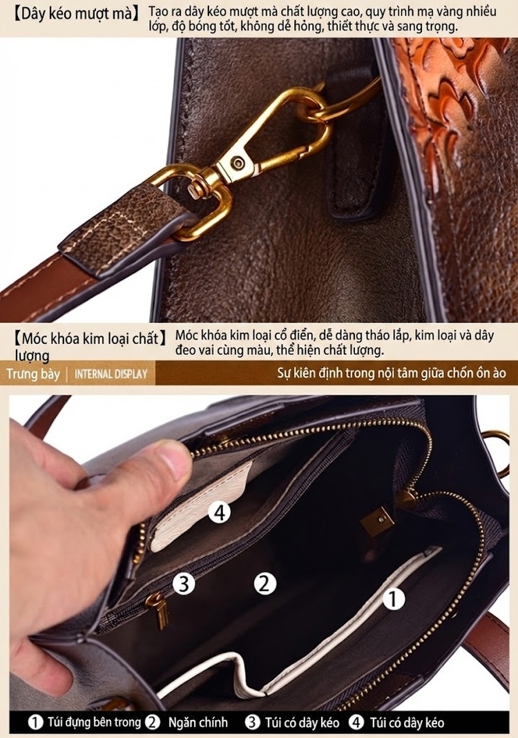Túi Xách Nữ Da Thật Vintage Dập Nổi Thủ Công Đeo Vai, Xách Tay, Túi Bucket Màu Xanh Lá, Vàng, Nâu, Đen chi tiết 15
