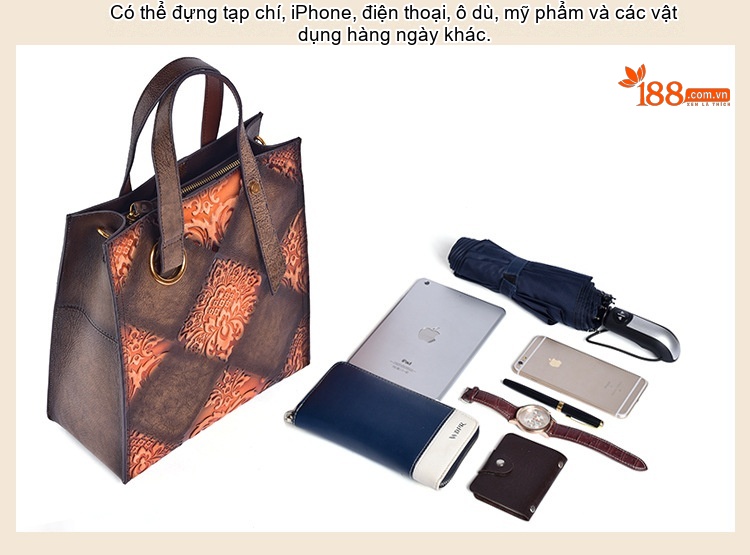 Túi Xách Nữ Da Thật Vintage Dập Nổi Thủ Công Đeo Vai, Xách Tay, Túi Bucket Màu Xanh Lá, Vàng, Nâu, Đen chi tiết 16
