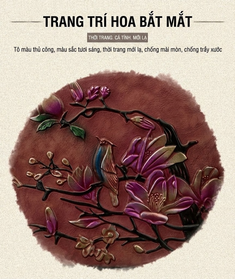 Túi Xách Nữ Da Thật Vintage Khắc Hoa Thủ Công Đeo Chéo, Xách Tay Màu Nâu Đỏ, Xanh Lá, Nâu chi tiết 2