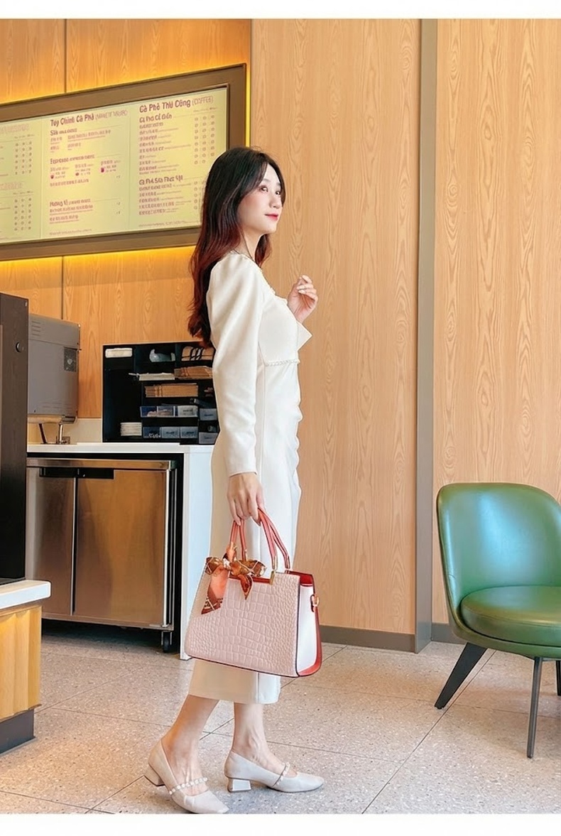 Túi Xách Nữ Da Vân Cá Sấu Đeo Vai Cỡ Lớn Màu Trắng Kem, Nâu chi tiết 18