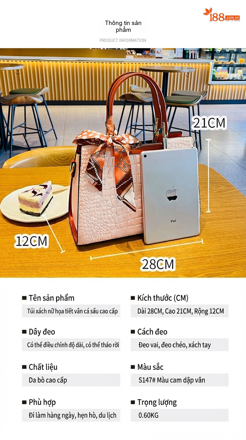 Túi Xách Nữ Da Vân Cá Sấu Đeo Vai Cỡ Lớn Màu Trắng Kem, Nâu chi tiết 15