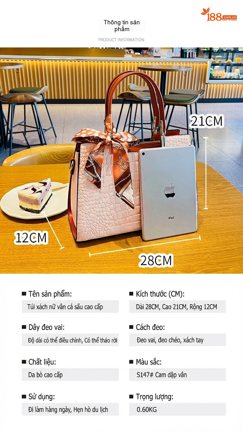 Túi Xách Nữ Da Vân Cá Sấu Đeo Vai Cỡ Lớn Màu Trắng Kem, Nâu chi tiết 27