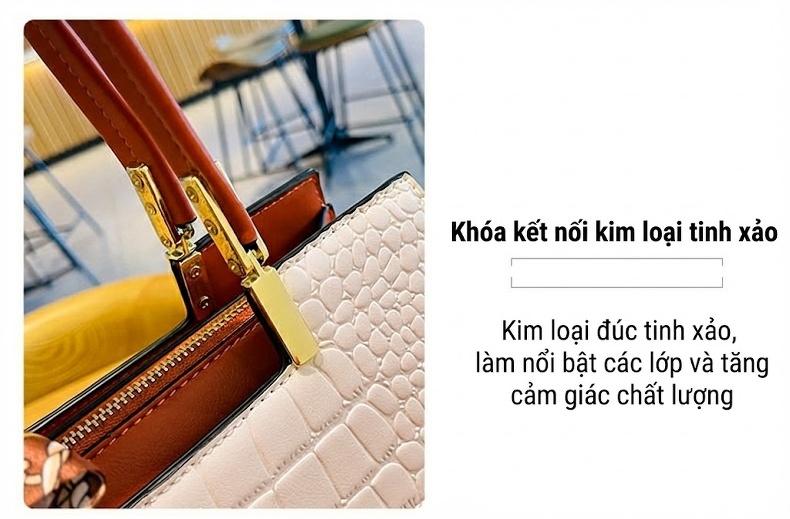 Túi Xách Nữ Da Vân Cá Sấu Đeo Vai Cỡ Lớn Màu Trắng Kem, Nâu chi tiết 10