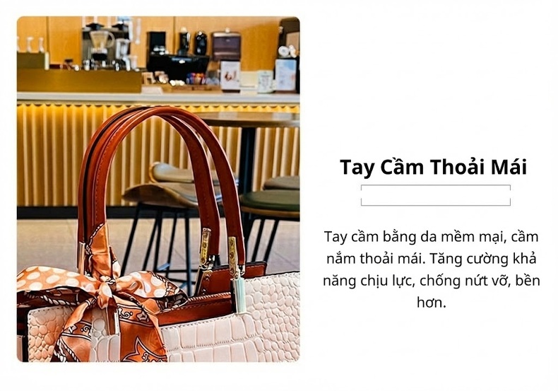 Túi Xách Nữ Da Vân Cá Sấu Đeo Vai Cỡ Lớn Màu Trắng Kem, Nâu chi tiết 12