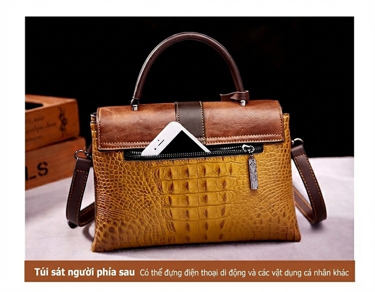 Túi Xách Nữ Da Vân Cá Sấu Họa Tiết Retro Âu Mỹ Đeo Chéo Màu Nâu, Vàng chi tiết 11