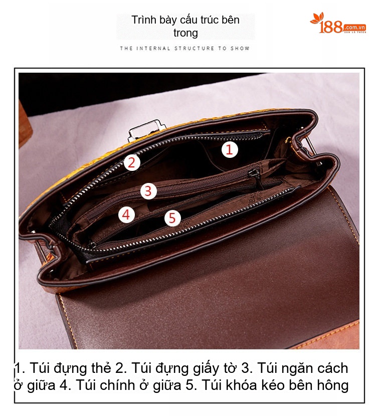 Túi Xách Nữ Da Vân Cá Sấu Họa Tiết Retro Âu Mỹ Đeo Chéo Màu Nâu, Vàng chi tiết 12