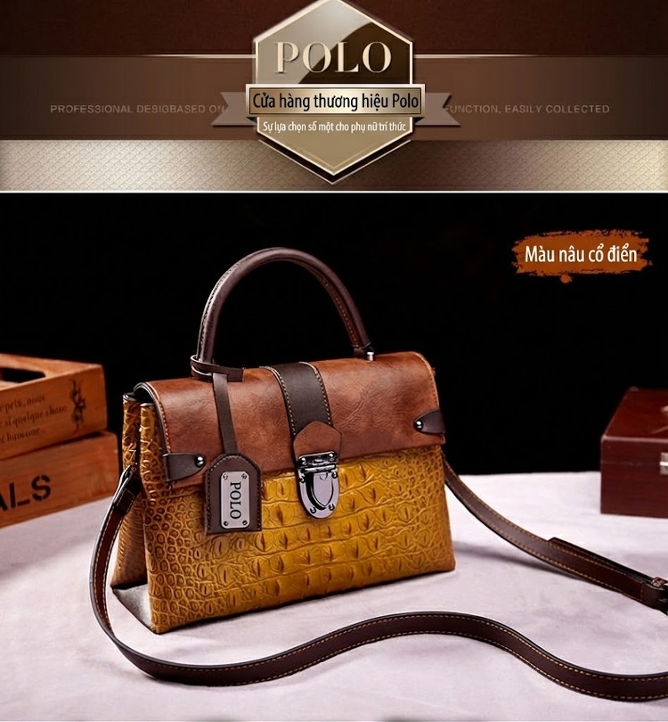 Túi Xách Nữ Da Vân Cá Sấu Họa Tiết Retro Âu Mỹ Đeo Chéo Màu Nâu, Vàng chi tiết 16