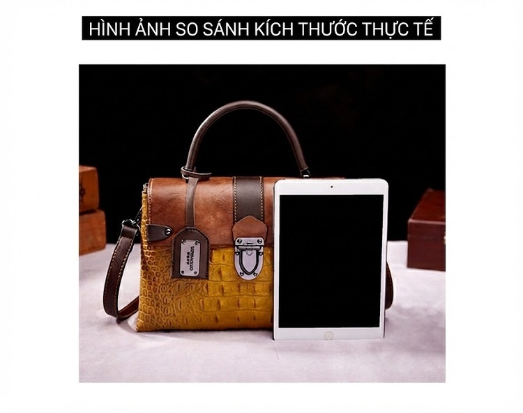 Túi Xách Nữ Da Vân Cá Sấu Họa Tiết Retro Âu Mỹ Đeo Chéo Màu Nâu, Vàng chi tiết 23
