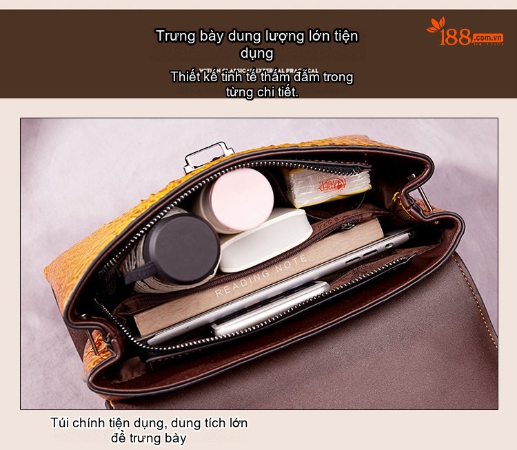 Túi Xách Nữ Da Vân Cá Sấu Họa Tiết Retro Âu Mỹ Đeo Chéo Màu Nâu, Vàng chi tiết 27