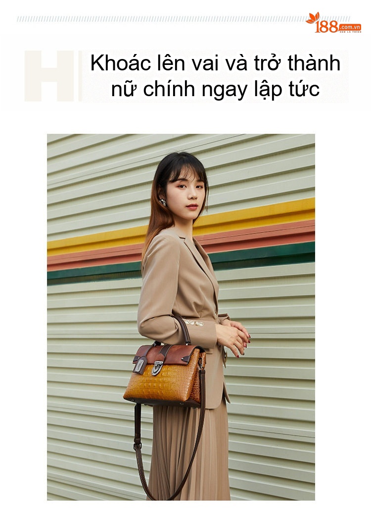 Túi Xách Nữ Da Vân Cá Sấu Họa Tiết Retro Âu Mỹ Đeo Chéo Màu Nâu, Vàng chi tiết 7