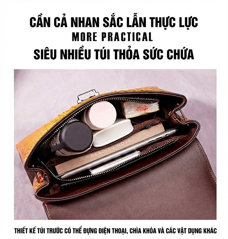 Túi Xách Nữ Da Vân Cá Sấu Họa Tiết Retro Âu Mỹ Đeo Chéo Màu Nâu, Vàng chi tiết 10