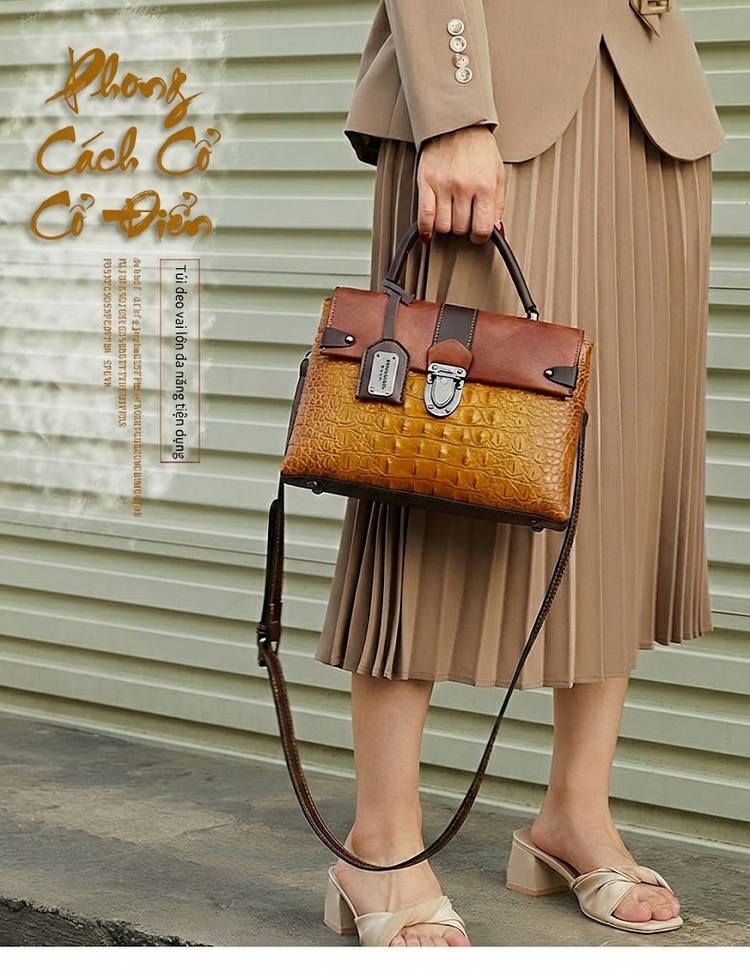Túi Xách Nữ Da Vân Cá Sấu Họa Tiết Retro Âu Mỹ Đeo Chéo Màu Nâu, Vàng chi tiết 1
