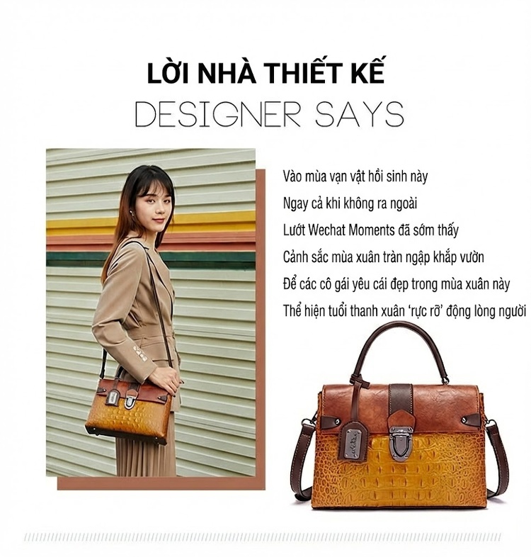 Túi Xách Nữ Da Vân Cá Sấu Họa Tiết Retro Âu Mỹ Đeo Chéo Màu Nâu, Vàng chi tiết 2