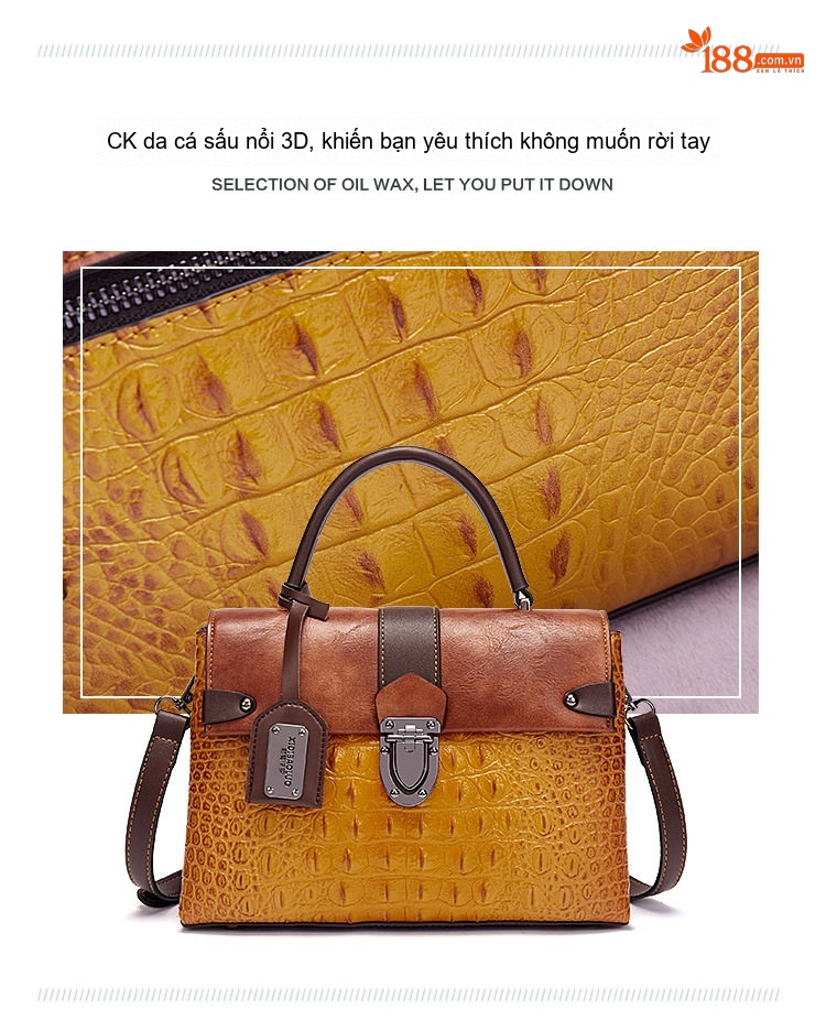 Túi Xách Nữ Da Vân Cá Sấu Họa Tiết Retro Âu Mỹ Đeo Chéo Màu Nâu, Vàng chi tiết 4