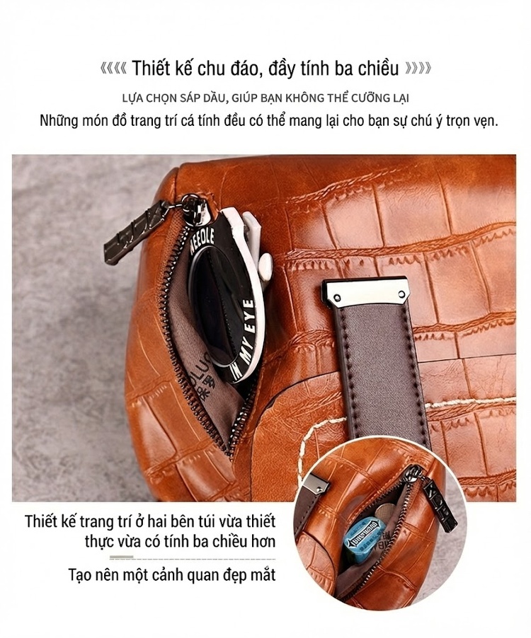 Túi Xách Nữ Da Vân Đá Phối Màu Vintage Đeo Vai, Đeo Chéo Màu Nâu, Đỏ, Đen, Xanh Lá chi tiết 14