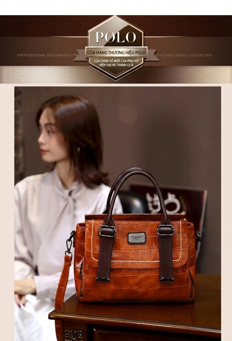 Túi Xách Nữ Da Vân Đá Phối Màu Vintage Đeo Vai, Đeo Chéo Màu Nâu, Đỏ, Đen, Xanh Lá chi tiết 16