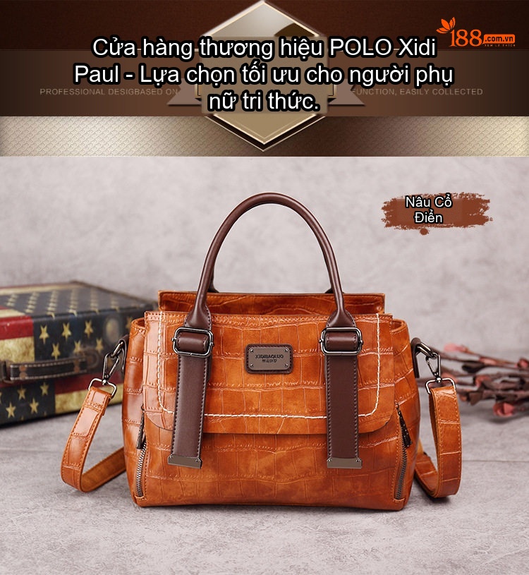 Túi Xách Nữ Da Vân Đá Phối Màu Vintage Đeo Vai, Đeo Chéo Màu Nâu, Đỏ, Đen, Xanh Lá chi tiết 24