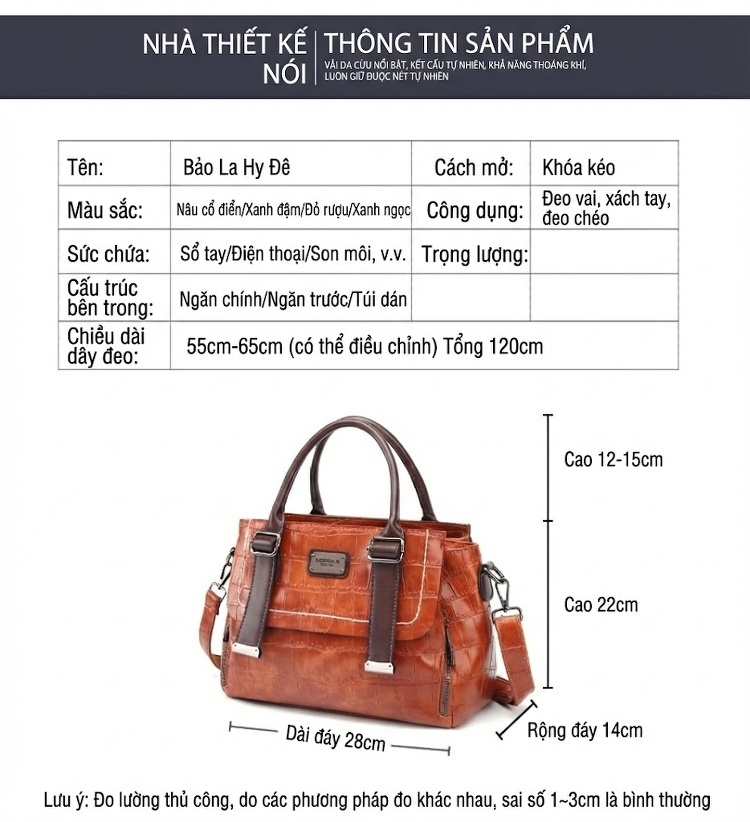 Túi Xách Nữ Da Vân Đá Phối Màu Vintage Đeo Vai, Đeo Chéo Màu Nâu, Đỏ, Đen, Xanh Lá chi tiết 26