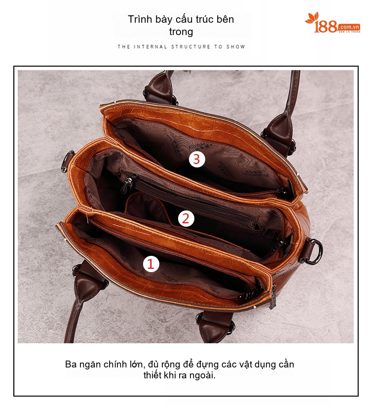 Túi Xách Nữ Da Vân Đá Phối Màu Vintage Đeo Vai, Đeo Chéo Màu Nâu, Đỏ, Đen, Xanh Lá chi tiết 8