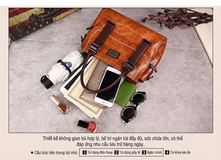 Túi Xách Nữ Da Vân Đá Phối Màu Vintage Đeo Vai, Đeo Chéo Màu Nâu, Đỏ, Đen, Xanh Lá chi tiết 31