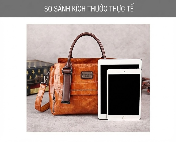 Túi Xách Nữ Da Vân Đá Phối Màu Vintage Đeo Vai, Đeo Chéo Màu Nâu, Đỏ, Đen, Xanh Lá chi tiết 32