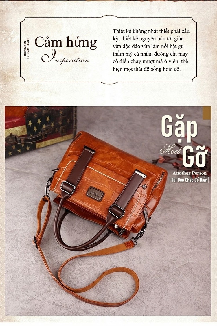 Túi Xách Nữ Da Vân Đá Phối Màu Vintage Đeo Vai, Đeo Chéo Màu Nâu, Đỏ, Đen, Xanh Lá chi tiết 2