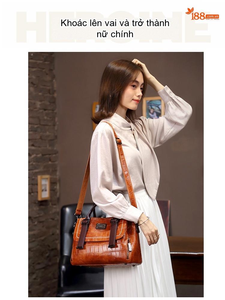 Túi Xách Nữ Da Vân Đá Phối Màu Vintage Đeo Vai, Đeo Chéo Màu Nâu, Đỏ, Đen, Xanh Lá chi tiết 9