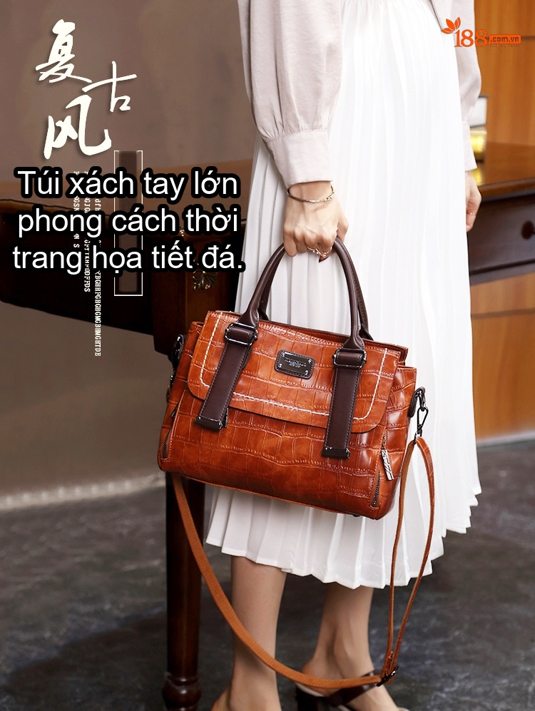 Túi Xách Nữ Da Vân Đá Phối Màu Vintage Đeo Vai, Đeo Chéo Màu Nâu, Đỏ, Đen, Xanh Lá chi tiết 1